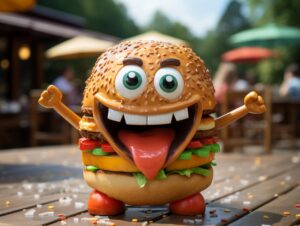 3D cute steak and bacon with happy faces standing on a grill in soft sunlight – funny meat pun illustration