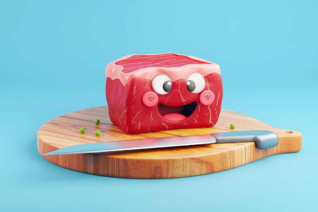 3D realistic steak, bacon and sausage smiling together at a BBQ – funny meat puns illustration