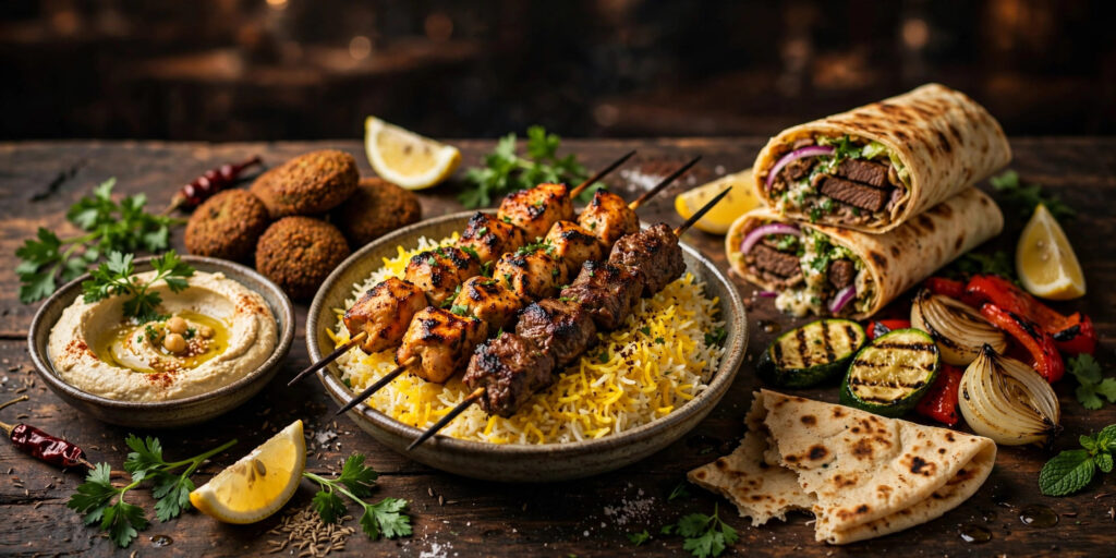 Chargrilled halal kabob skewers over saffron rice with shawarma wraps, falafel, hummus and flatbread
