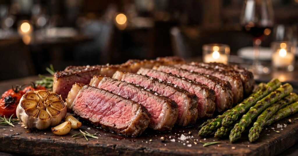 Sizzling halal steak on a grill at a halal steakhouse