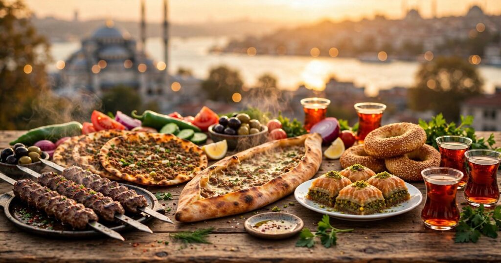 Istanbul Turkish food spread: Adana kebabs, lahmacun, pide, pistachio baklava, simit rings and Turkish tea with Bosphorus backdrop
