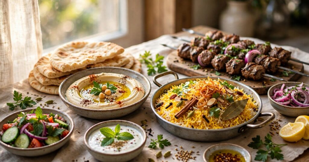 Spread of halal Middle Eastern dishes on a restaurant table