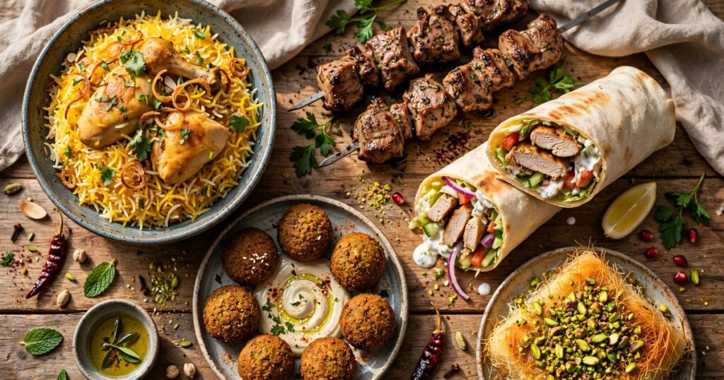 Spread of the best halal dishes — chicken biryani, grilled kebabs, shawarma wrap, falafel, and knafeh on a table