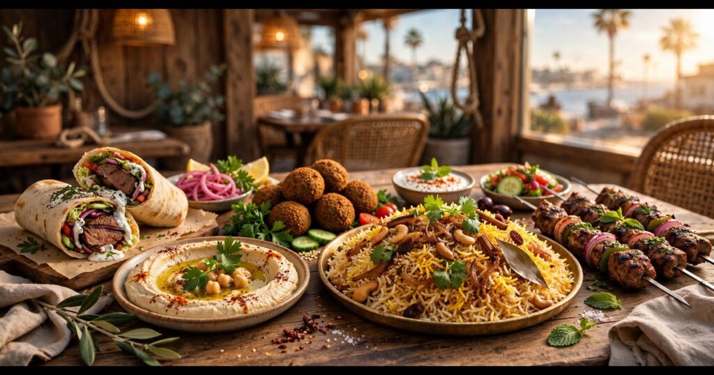 Halal food in San Diego spread with kebabs, rice, and mezze dishes