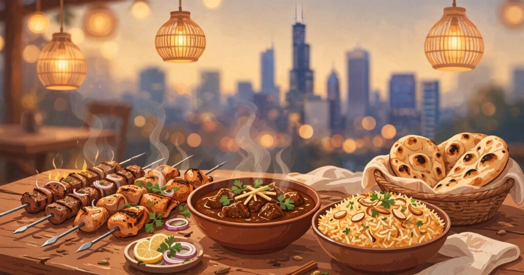 Illustrated halal feast with kebabs, nihari, biryani and naan in front of the Chicago skyline at dusk