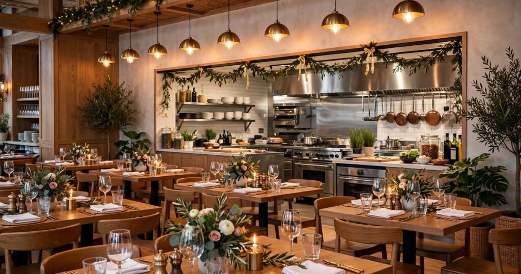 New restaurant dining room ready for grand opening — set tables and warm lighting