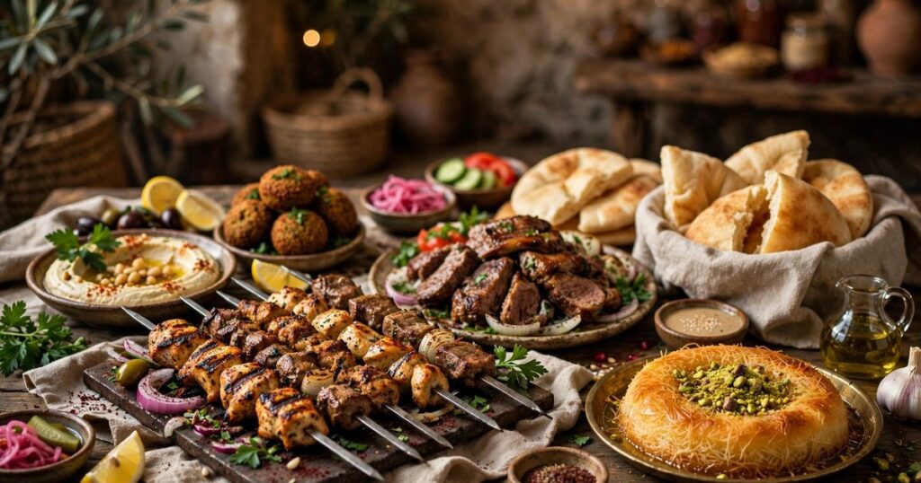 Middle Eastern halal food spread in Paterson NJ — mixed grills, shawarma, falafel, hummus and knafeh