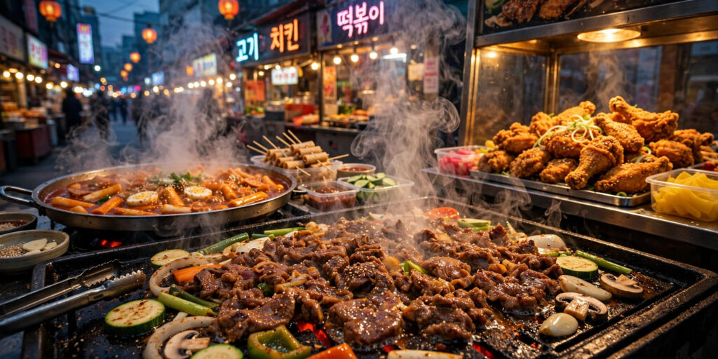 Seoul street food scene at dusk — Korean BBQ grill, tteokbokki and fried chicken stalls